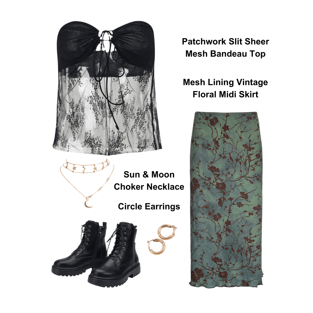 PATCHWORK SLIT SHEER MESH BANDEAU TOP, MESH LINING VINTAGE FLORAL MIDI SKIRT, SUN & MOON CHOKER NECKLACE, CIRCLE EARRINGS-AnotherChill