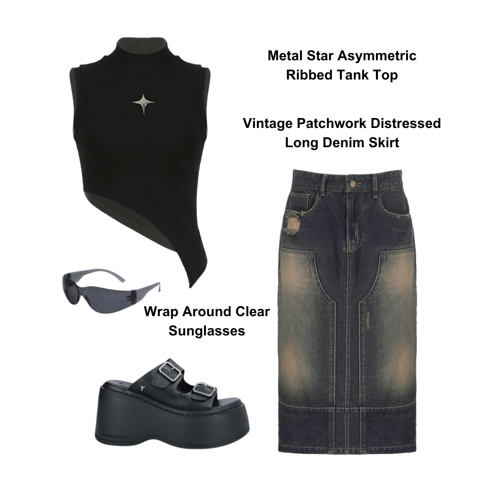 Metal Star Asymmetric Ribbed Tank Top, Vintage Patchwork Distressed Long Denim Skirt, Wrap Around Clear Sunglasses-AnotherChill