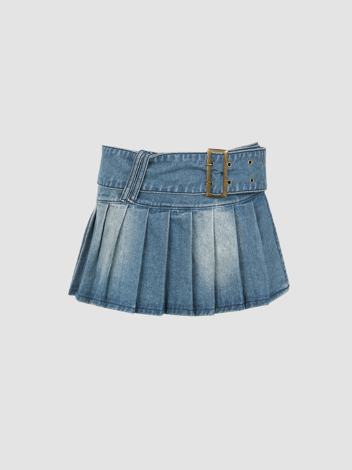 Buckle Belt Denim Pleated Mini Skirt - AnotherChill