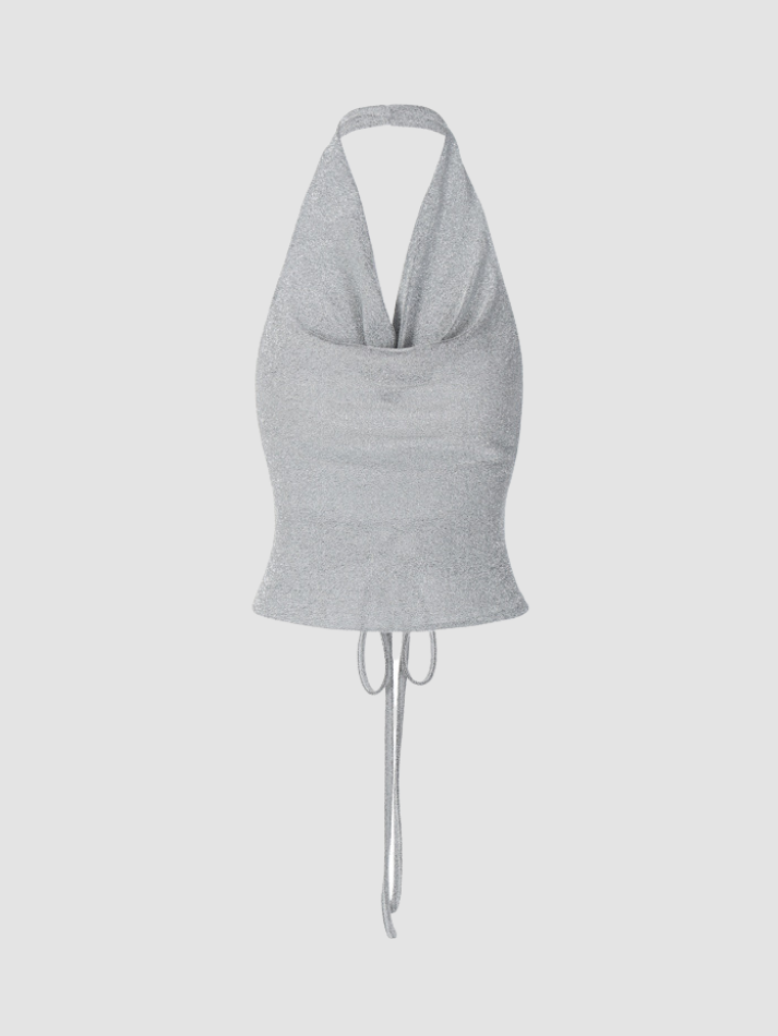 Metallic Silver Halter Cropped Tank Top - AnotherChill