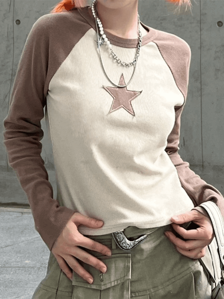 Raglan Sleeve Star Patch Knit Crop Top - AnotherChill