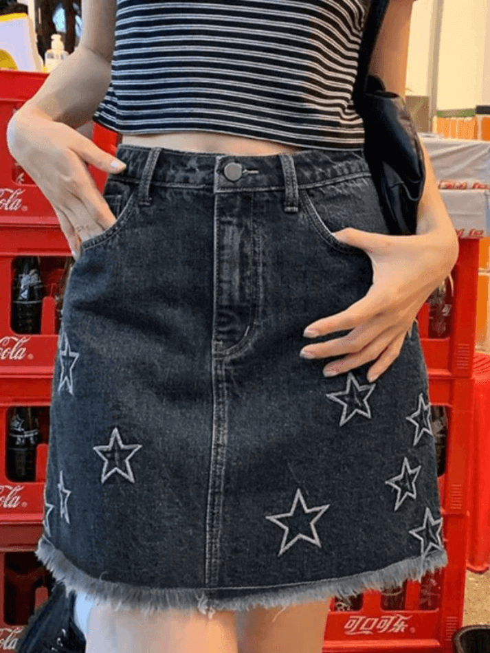 Distressed Star Embroidery Mini Denim Skirt - AnotherChill