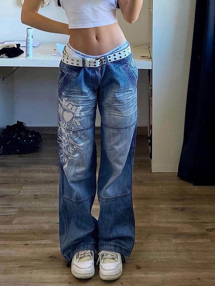 Vintage Washed Heart Print Jeans - AnotherChill