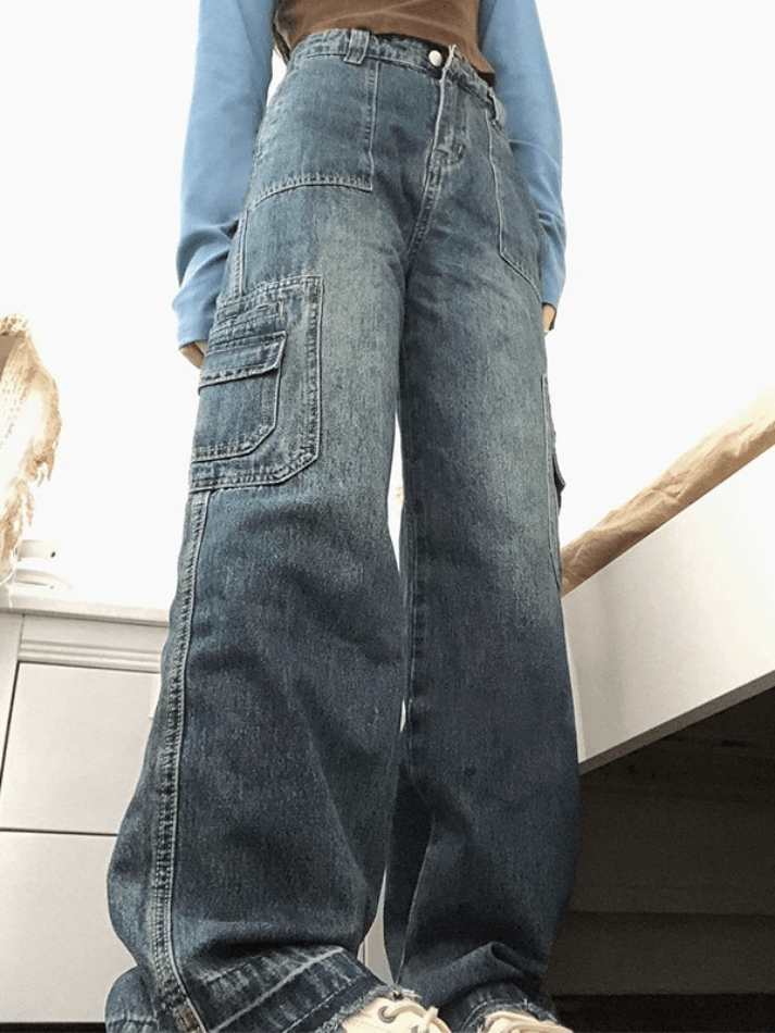 Washed Pocket Patchwork Cargo Boyfriend Jeans - AnotherChill