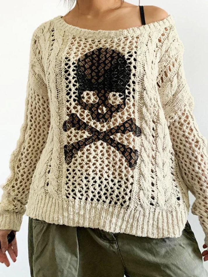 Cutout Skull Print Twist Design Knit Loose Sweater - AnotherChill